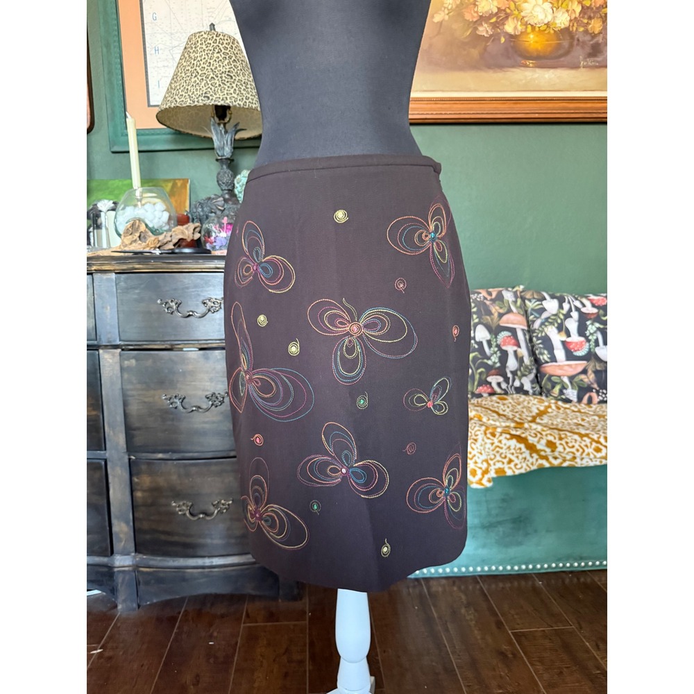 Grace Elements Petite Brown Embroidered Sequin Butterfly Pencil Skirt 8P